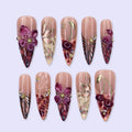 Marsala Cat Eye 3D Floral Nude Red Press On Nails