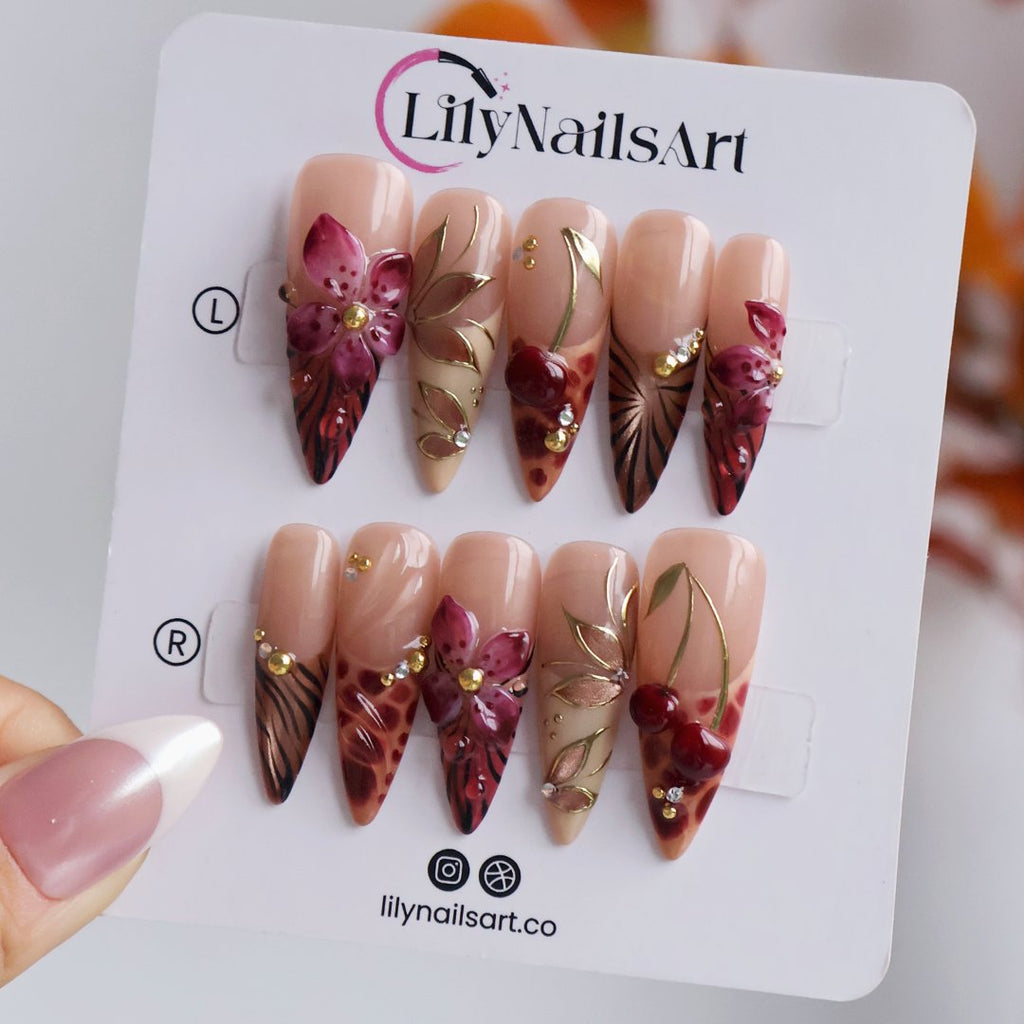 Marsala Cat Eye 3D Floral Nude Red Press On Nails
