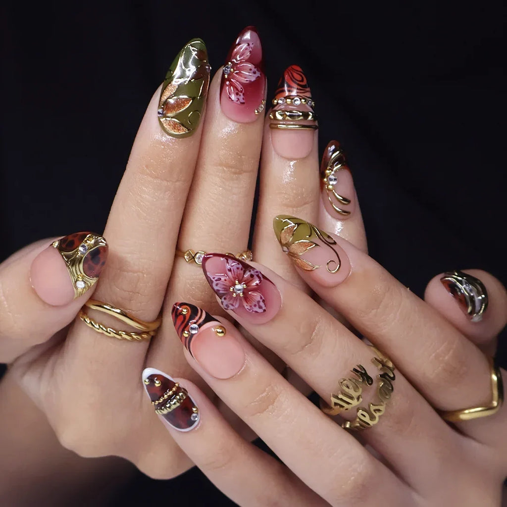 Harvest Tortoiseshell 3D Floral Nude Red Press On Nails