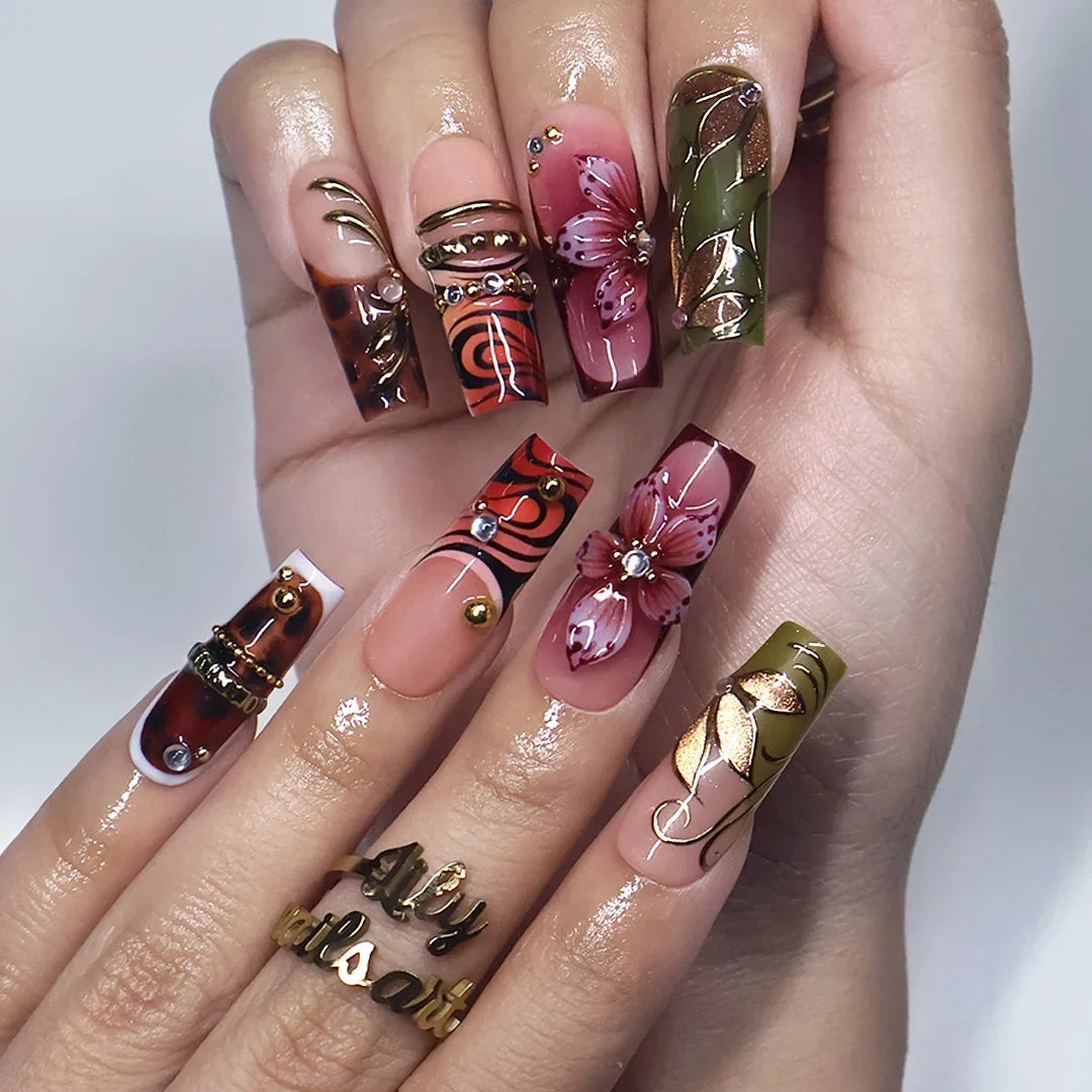 Harvest Tortoiseshell 3D Floral Nude Brown Press On Nails