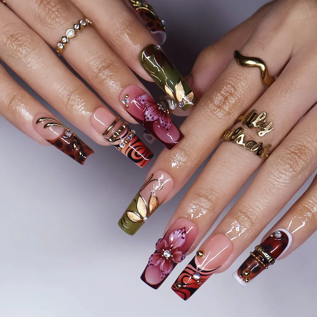 Harvest Tortoiseshell 3D Floral Nude Brown Press On Nails