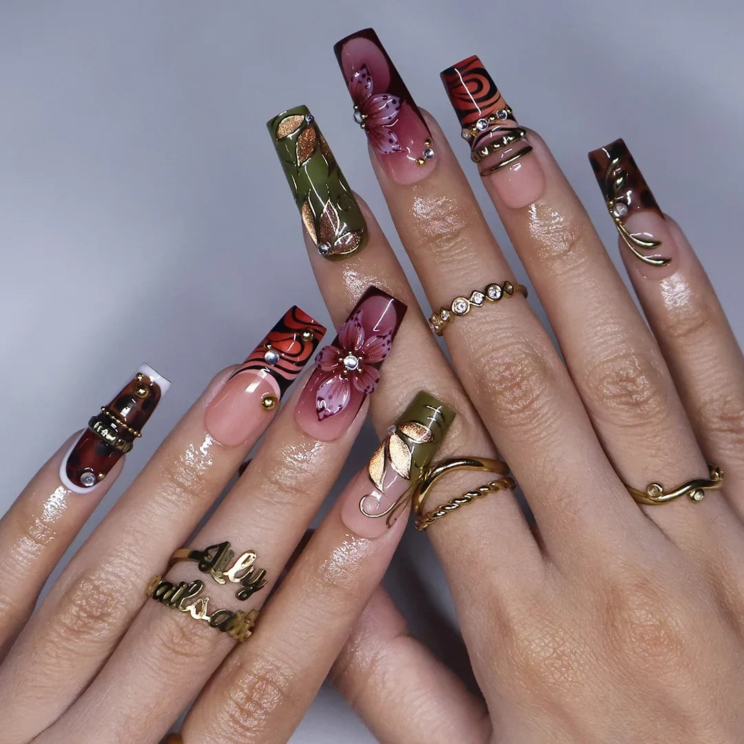 Harvest Tortoiseshell 3D Floral Nude Brown Press On Nails
