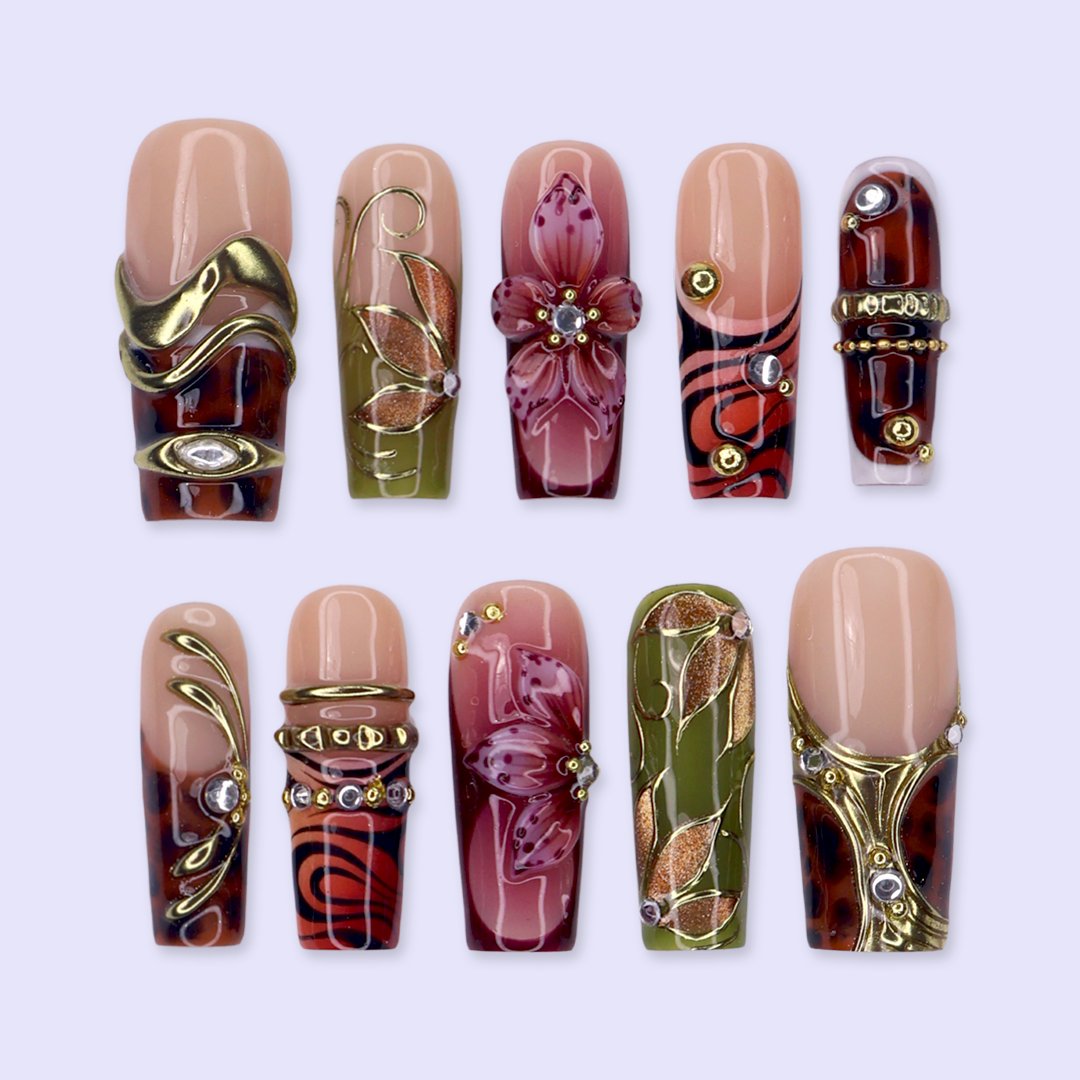 Harvest Tortoiseshell 3D Floral Nude Brown Press On Nails