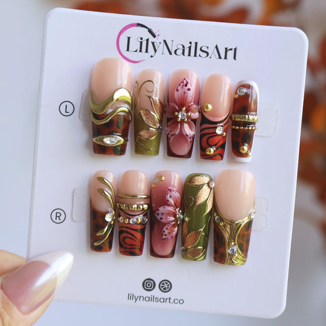 Harvest Tortoiseshell 3D Floral Nude Brown Press On Nails