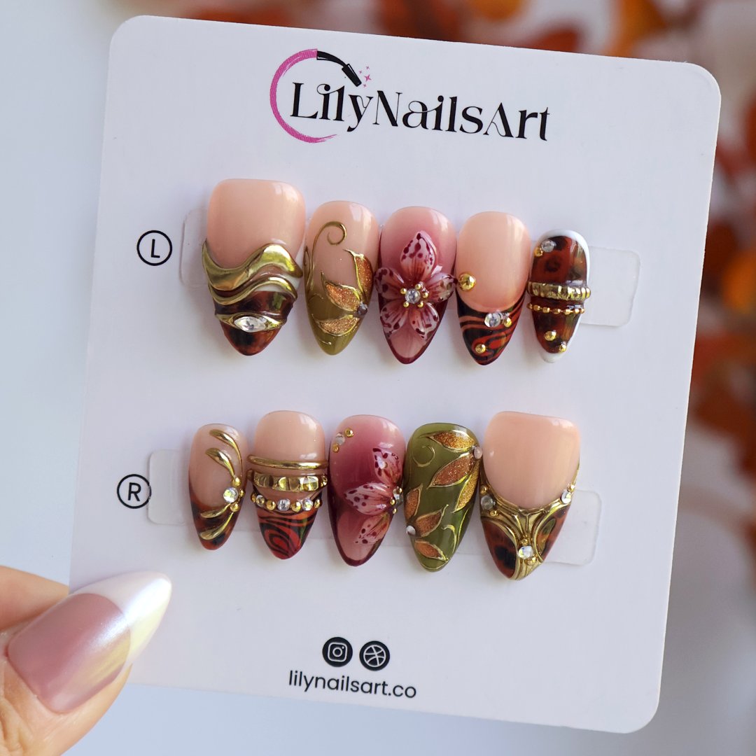 Harvest Tortoiseshell 3D Floral Nude Red Press On Nails