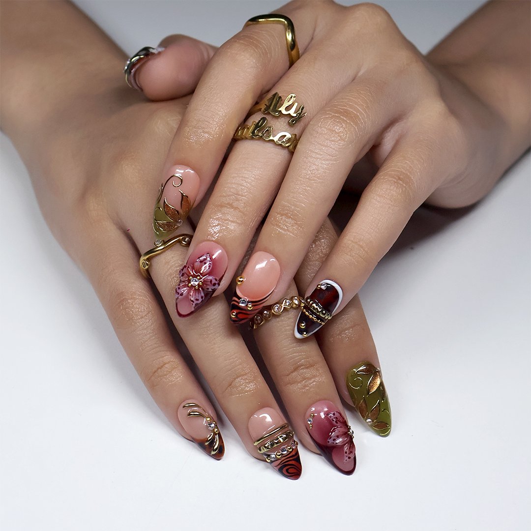 Harvest Tortoiseshell 3D Floral Nude Red Press On Nails