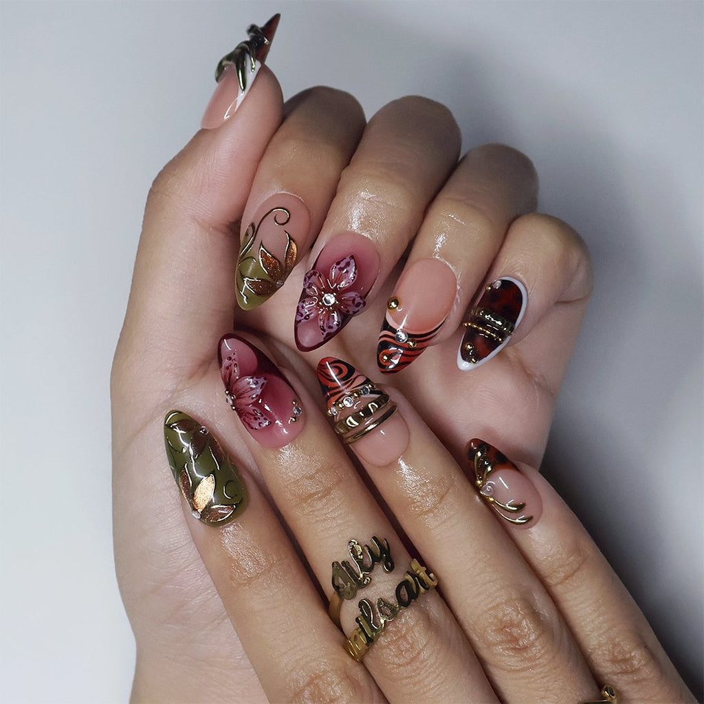 Harvest Tortoiseshell 3D Floral Nude Red Press On Nails