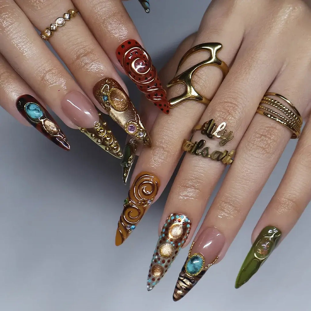 Bijou Brown Green Maximalist Press On Nails