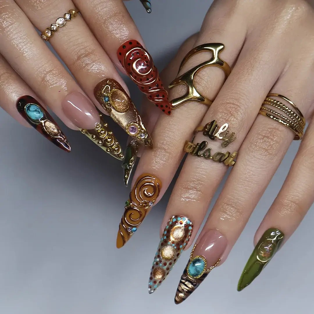 Bijou Brown Green Maximalist Press On Nails