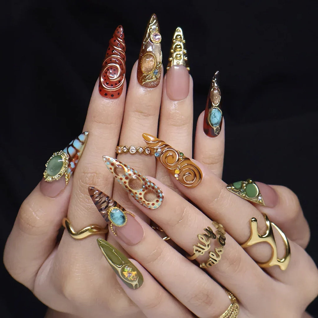 Bijou Brown Green Maximalist Press On Nails