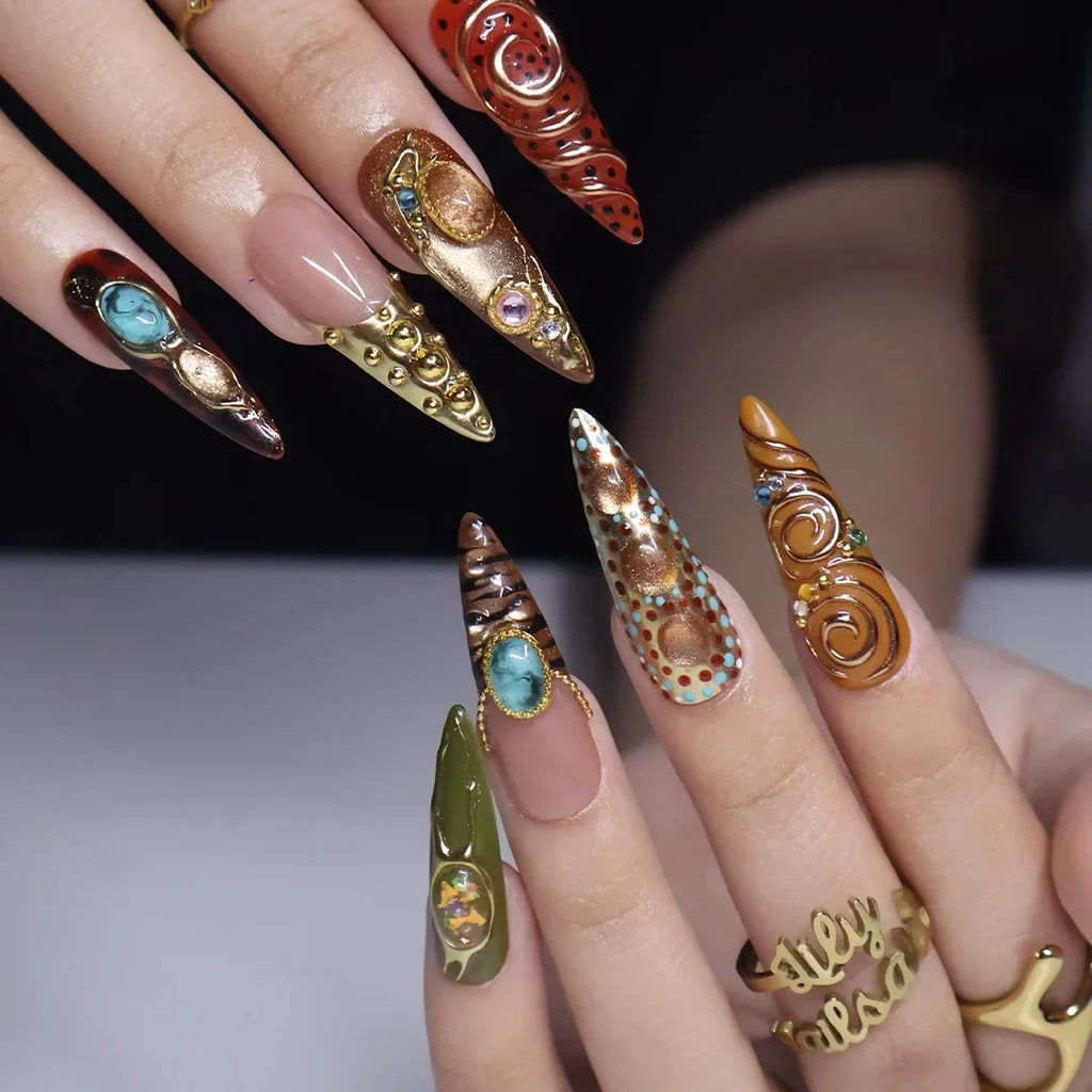 Bijou Brown Green Maximalist Press On Nails