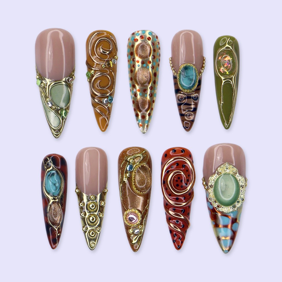 Bijou Brown Green Maximalist Press On Nails