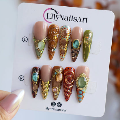 Bijou Brown Green Maximalist Press On Nails