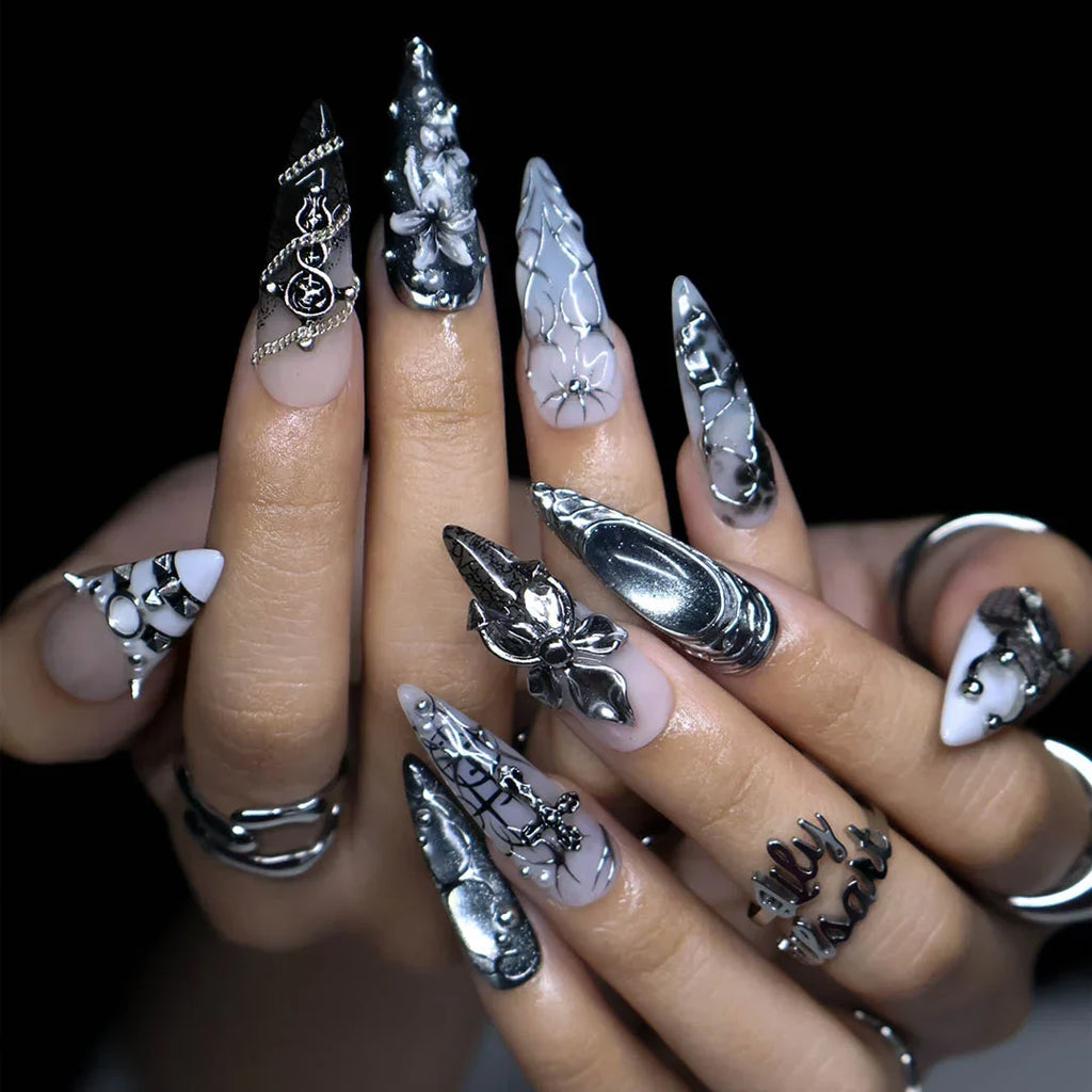 Grimoire 3D Floral Gothic Black Silver Press On Nails
