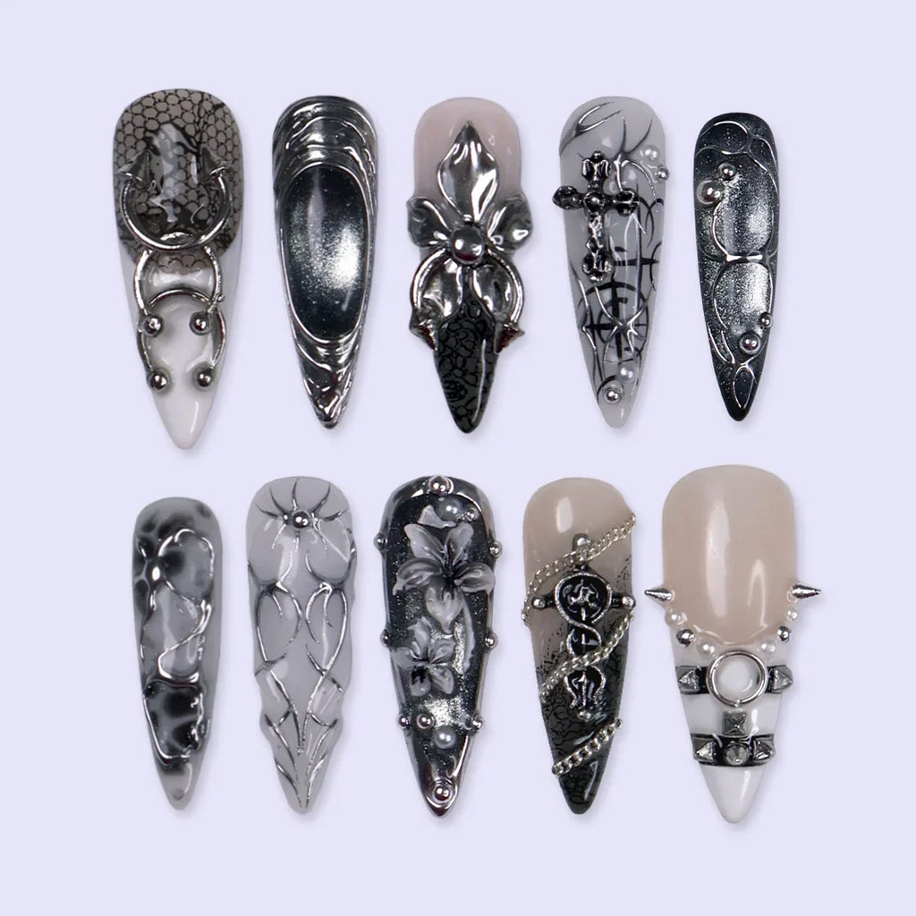 Grimoire 3D Floral Gothic Black Silver Press On Nails