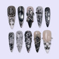 Grimoire 3D Floral Gothic Black Silver Press On Nails