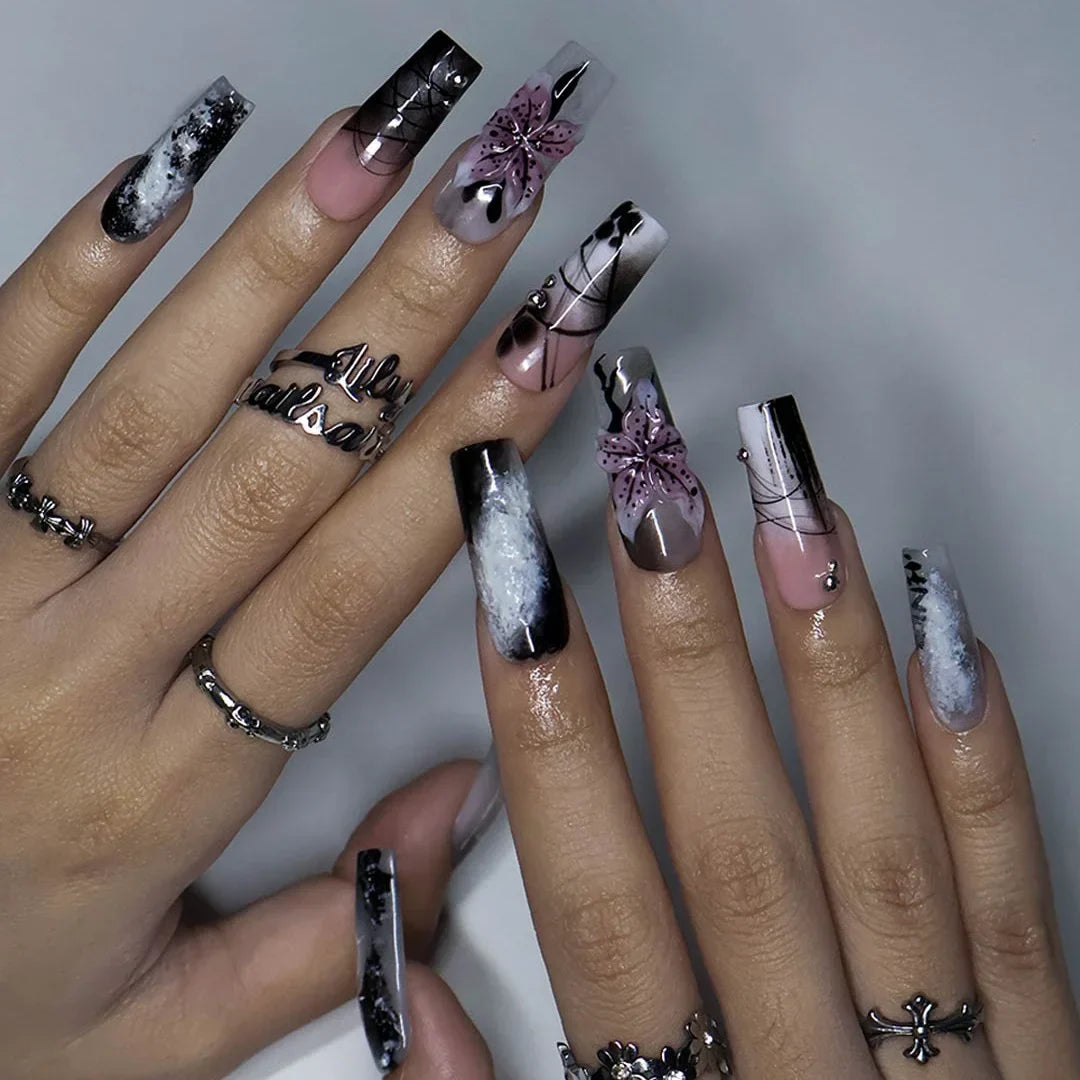Belladonna Black 3D Floral Press On Nails