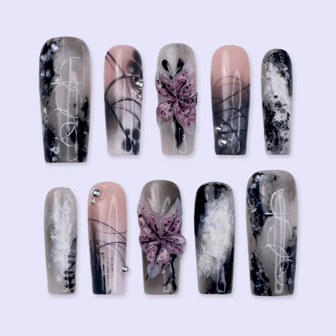 Belladonna Black 3D Floral Press On Nails