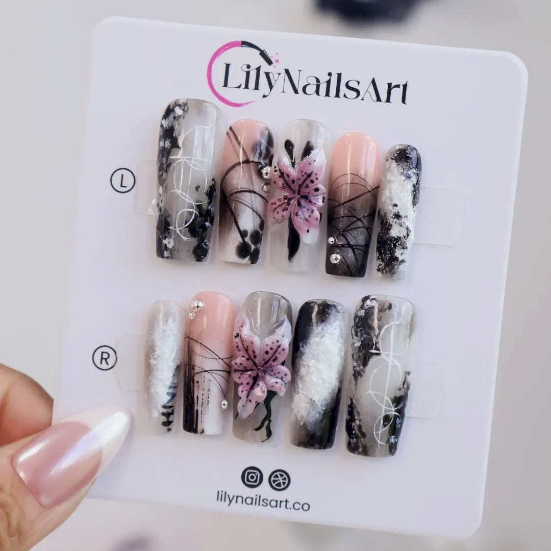 Belladonna Black 3D Floral Press On Nails