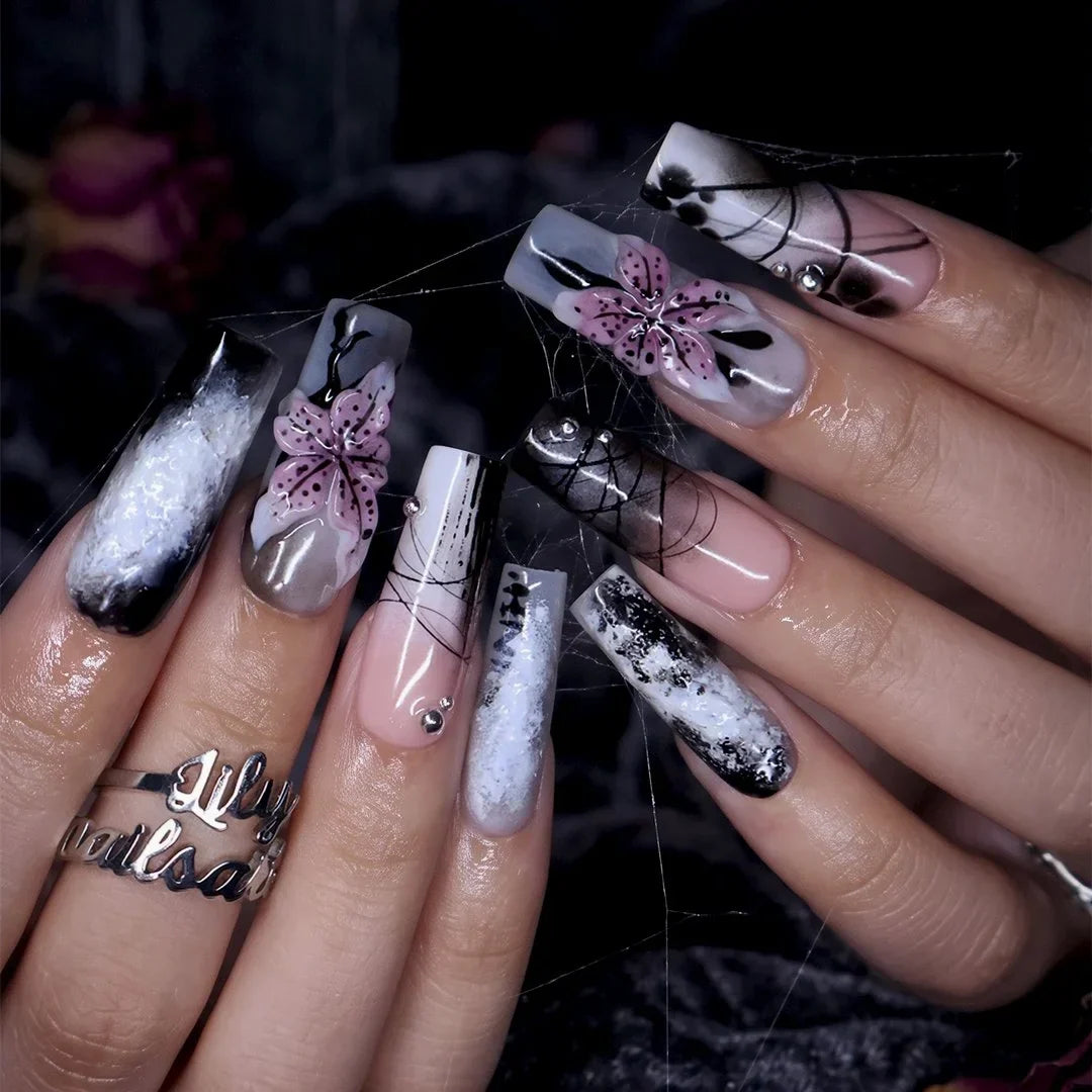 Belladonna Black 3D Floral Press On Nails