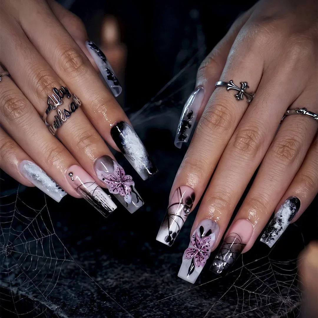 Belladonna Black 3D Floral Press On Nails