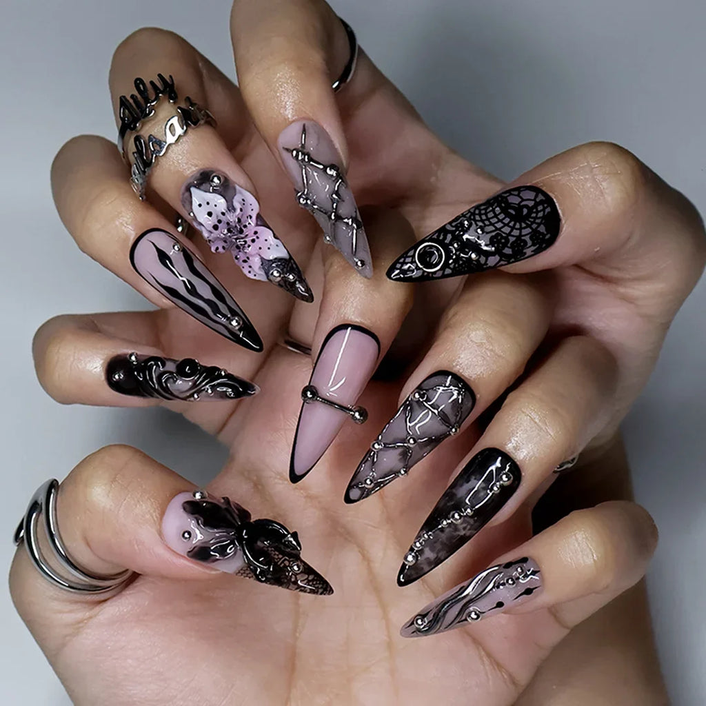 Enigma Black 3D Floral Handmade Press On Nails