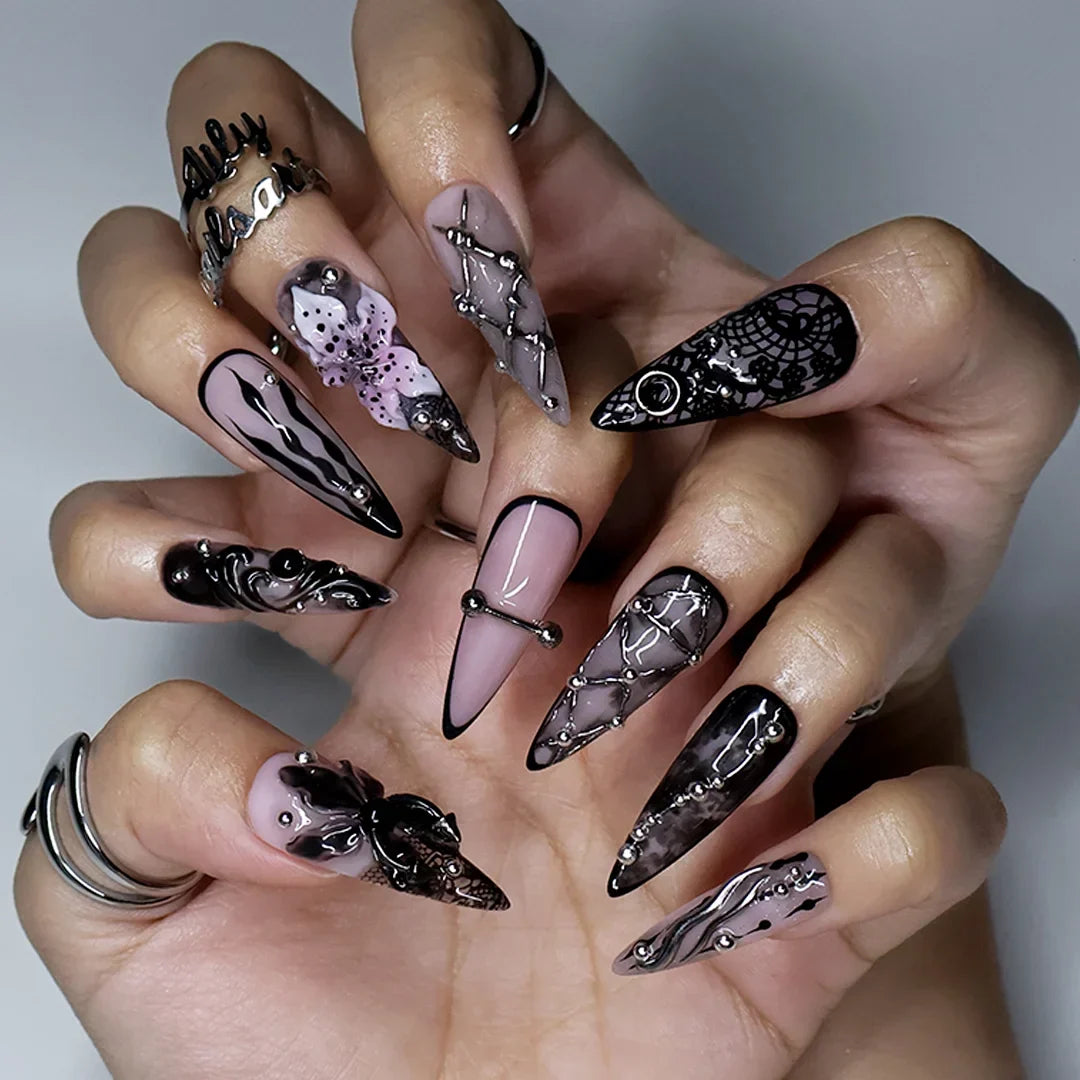 Enigma Black 3D Floral Handmade Press On Nails