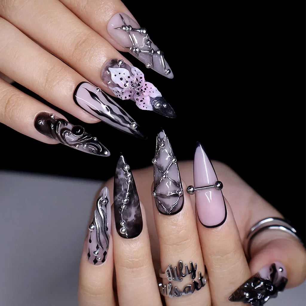 Enigma Black 3D Floral Handmade Press On Nails
