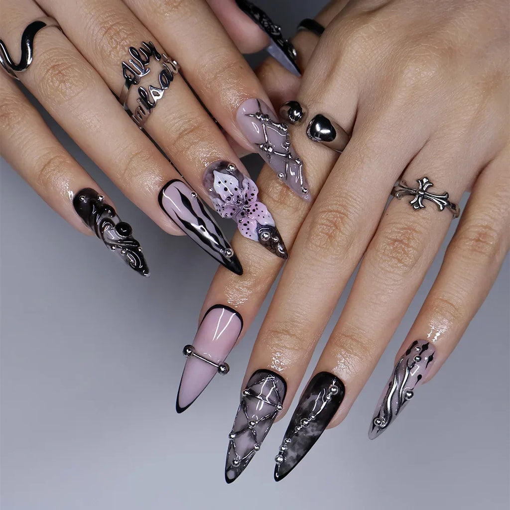 Enigma Black 3D Floral Handmade Press On Nails