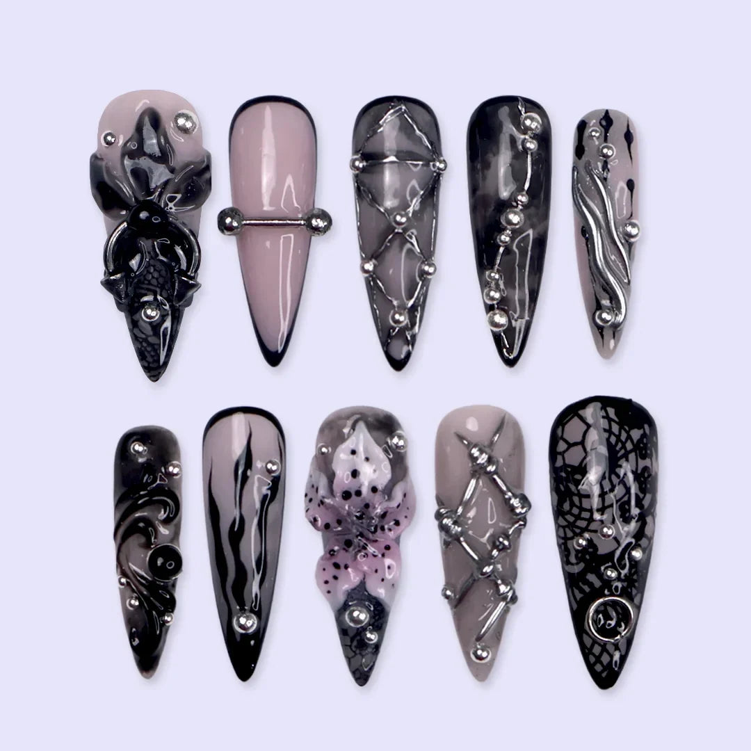 Enigma Black 3D Floral Handmade Press On Nails