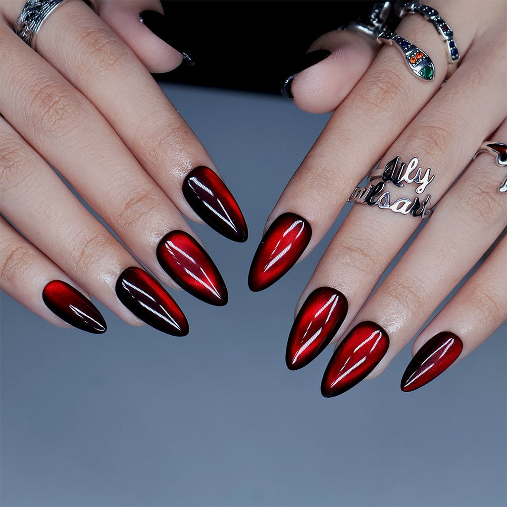 Bloodmoon Black Red Cat Eye Halloween Press On Nails
