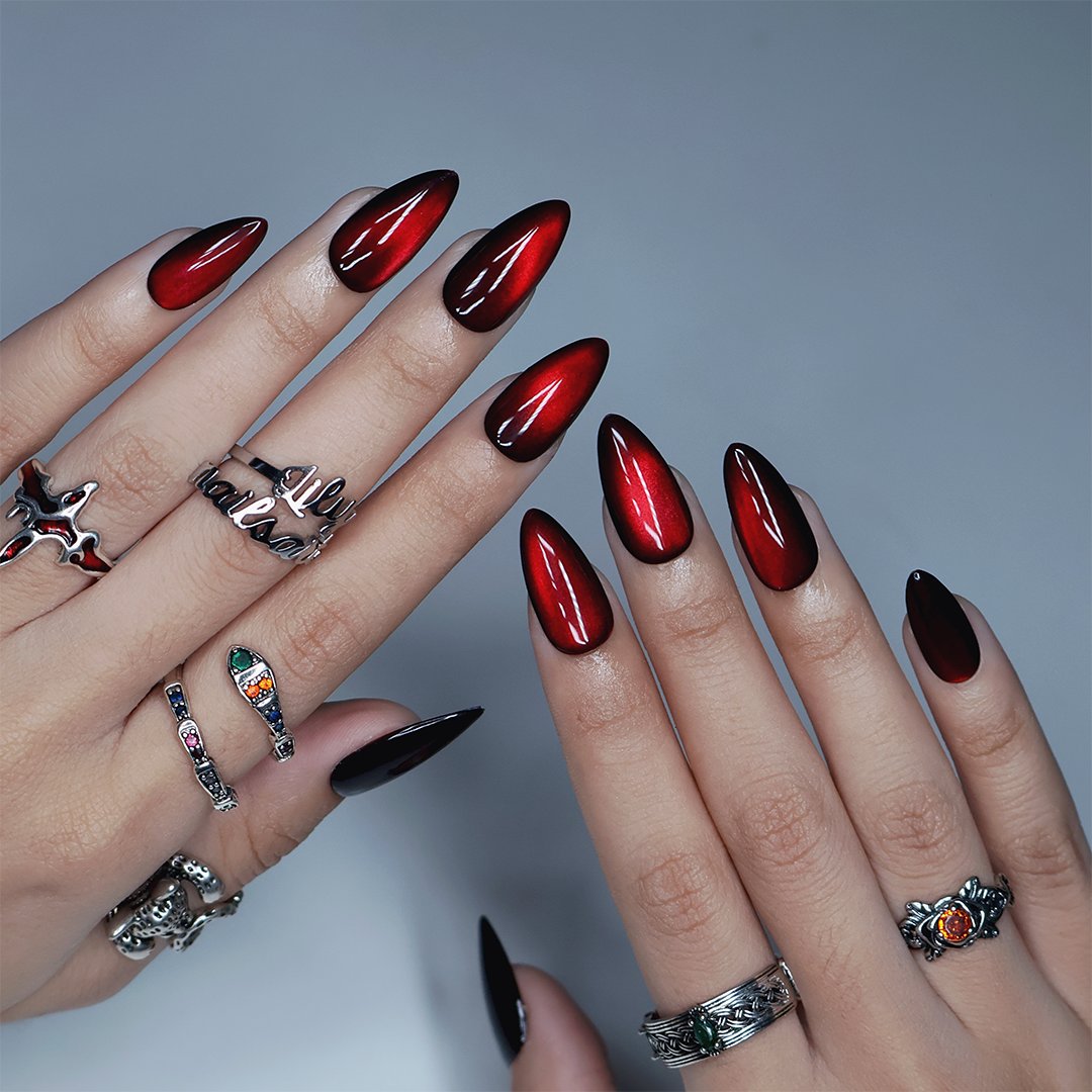Bloodmoon Black Red Cat Eye Halloween Press On Nails