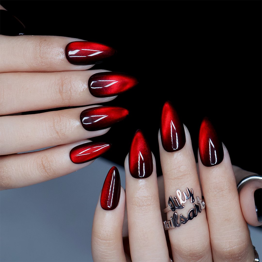 Bloodmoon Black Red Cat Eye Halloween Press On Nails