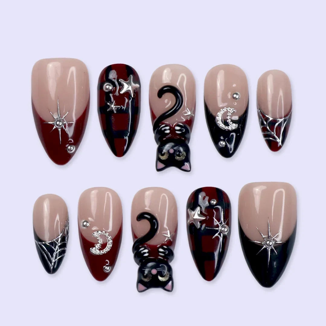 Meow Plaid Celestial Halloween Black Nude Press On Nails