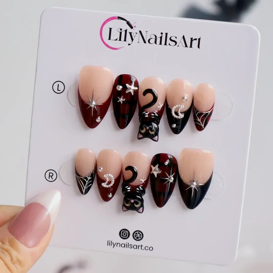 Meow Plaid Celestial Halloween Black Nude Press On Nails