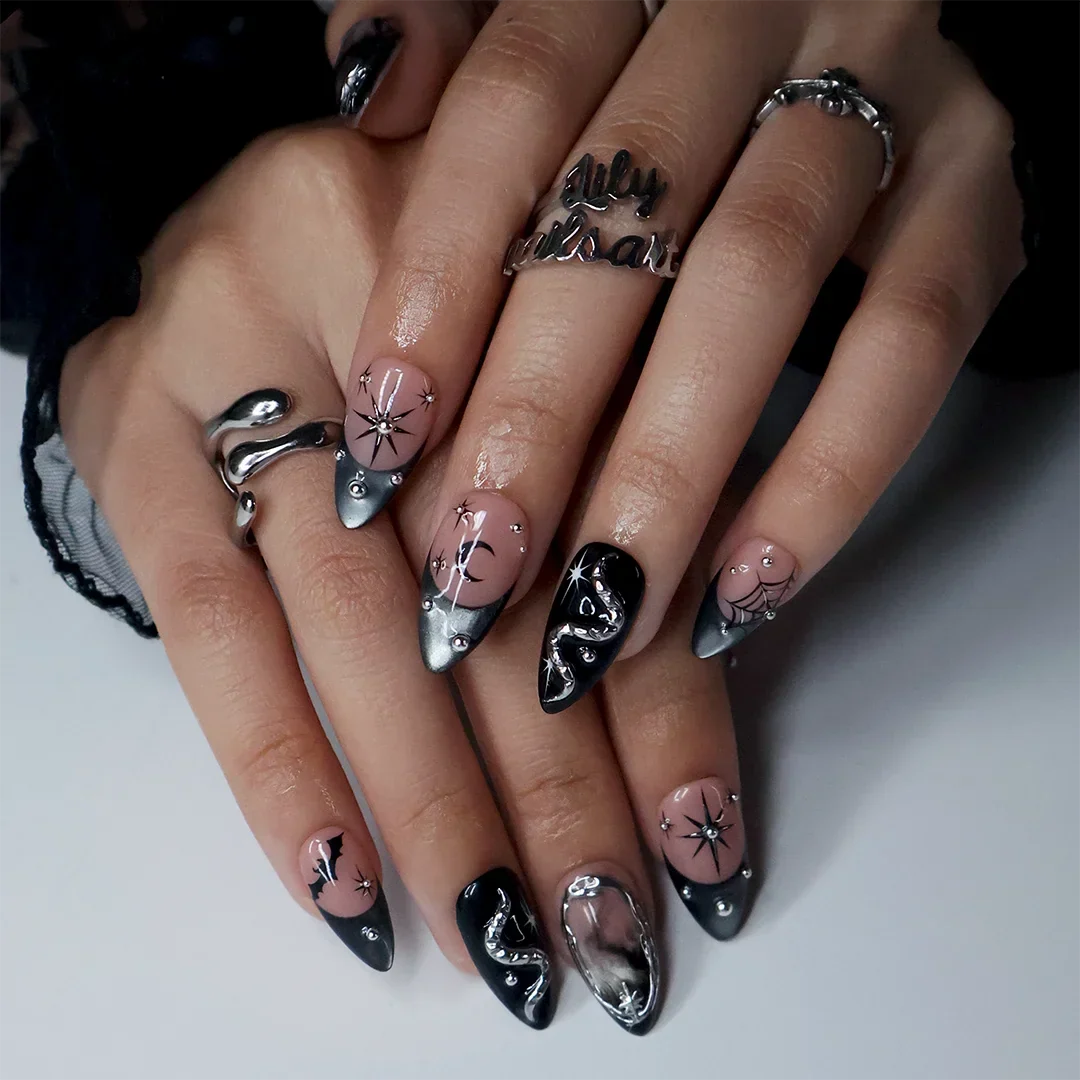 Eclipse Black Cat Eye Chrome Halloween Press On Nails
