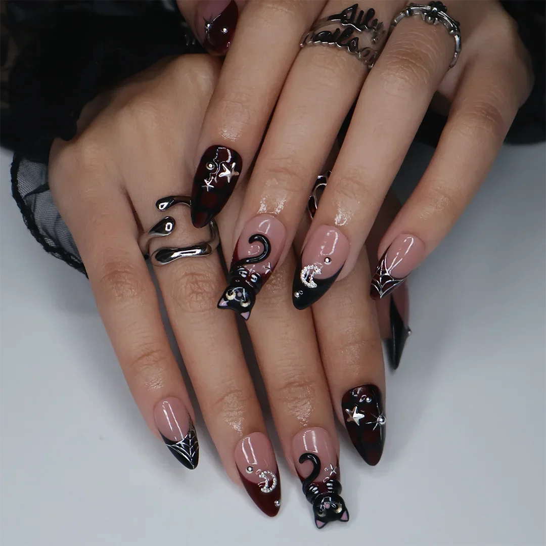 Meow Plaid Celestial Halloween Black Nude Press On Nails