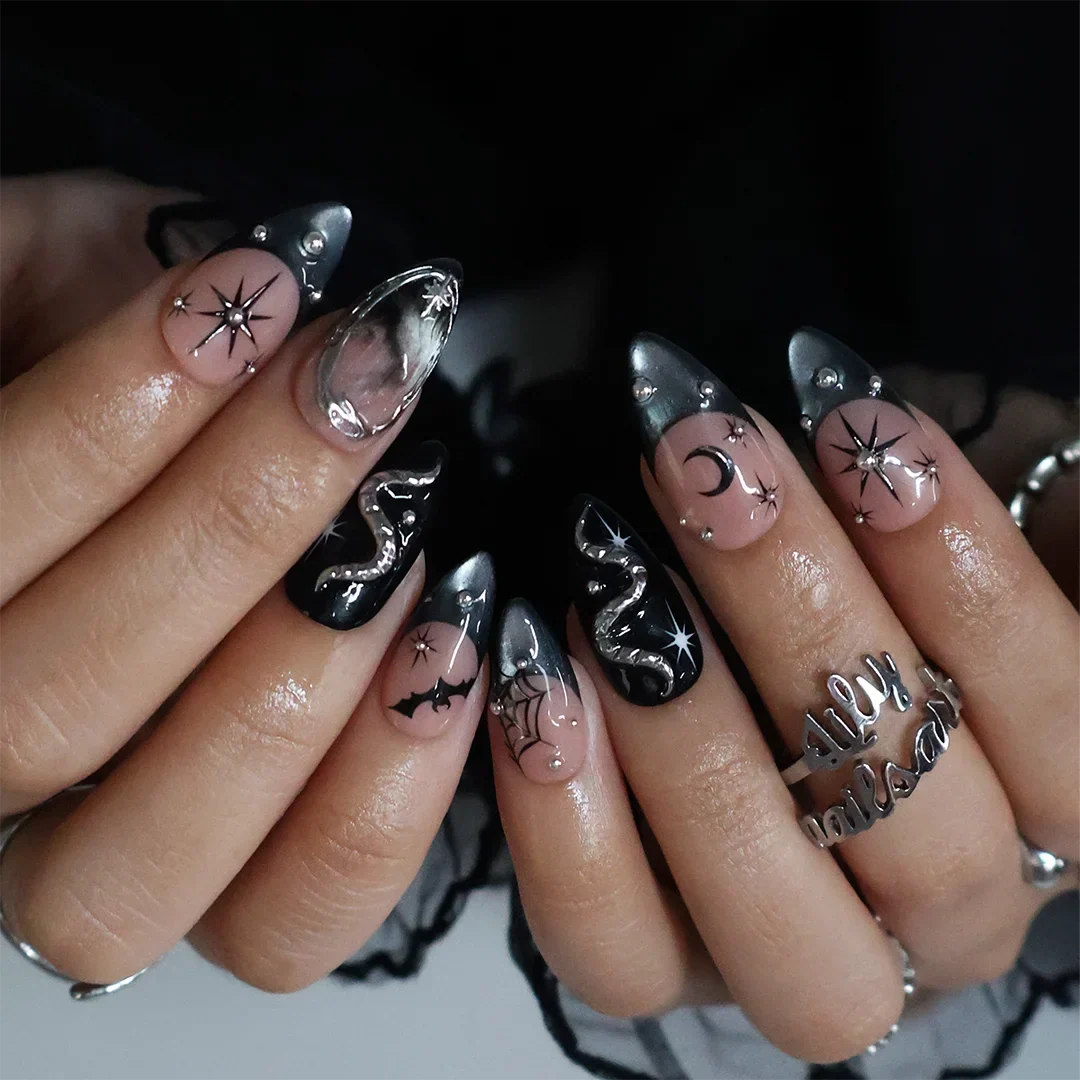 Eclipse Black Cat Eye Chrome Halloween Press On Nails