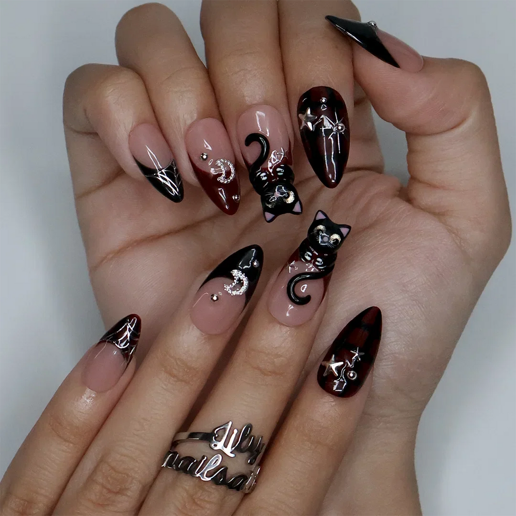 Meow Plaid Celestial Halloween Black Nude Press On Nails