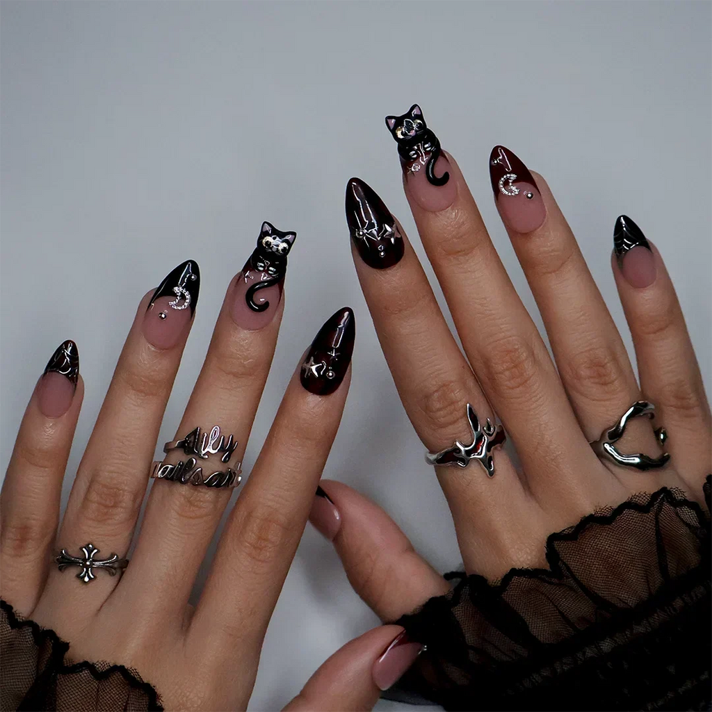 Meow Plaid Celestial Halloween Black Nude Press On Nails
