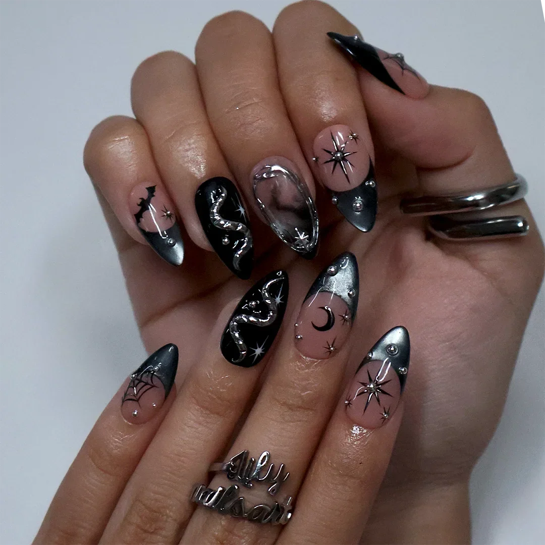 Eclipse Black Cat Eye Chrome Halloween Press On Nails