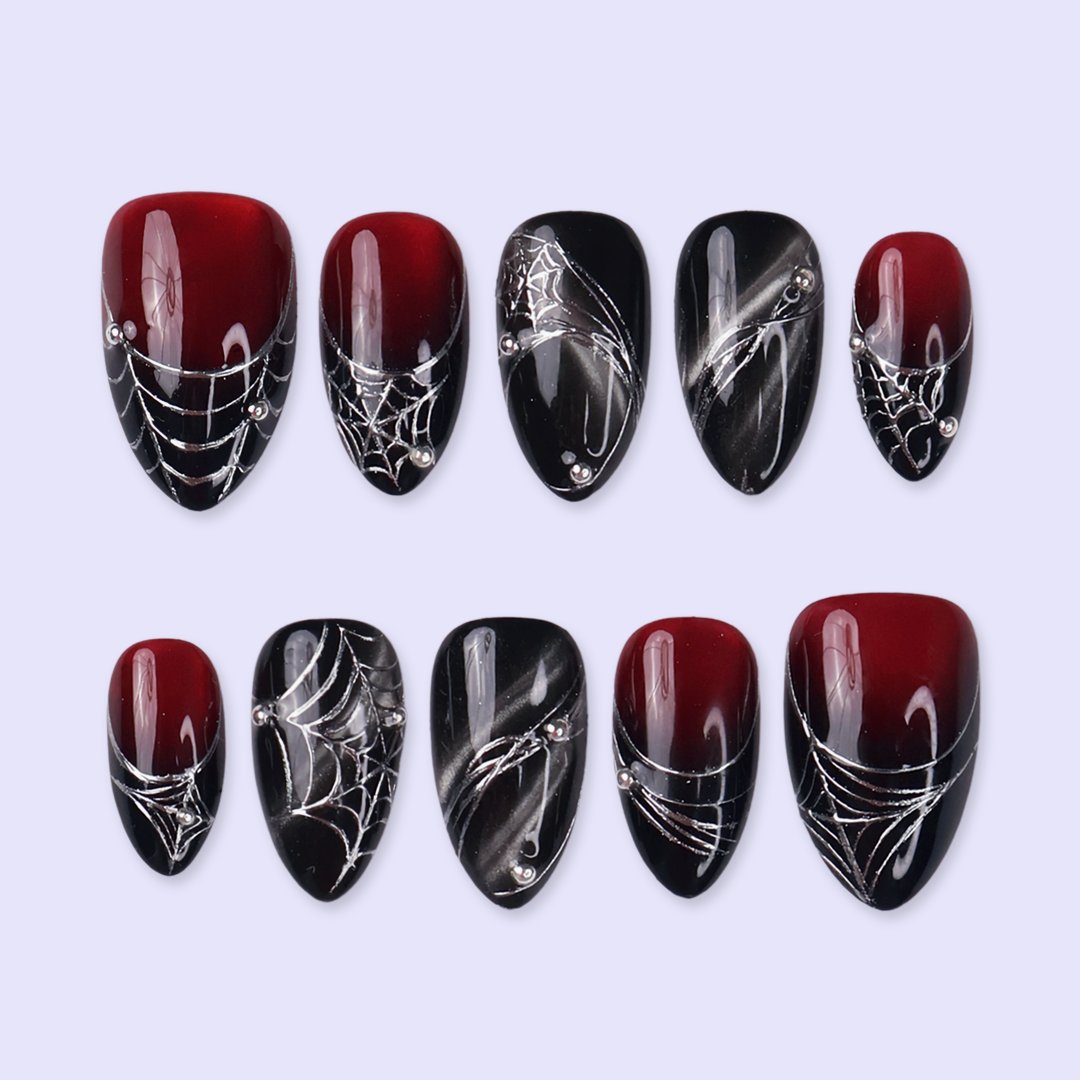 Arachne Black Red Handmade Press On Nails