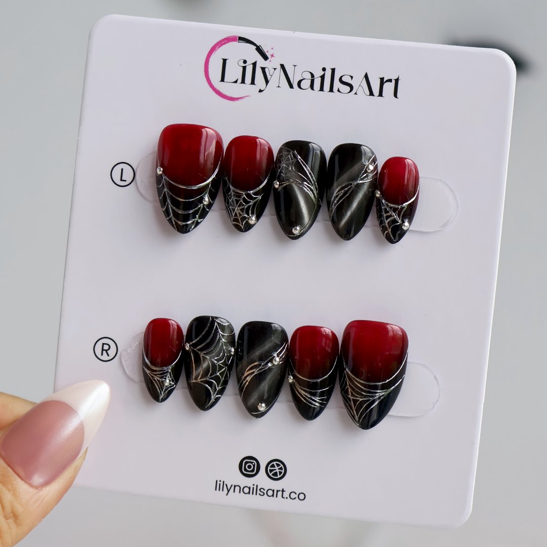 Arachne Black Red Handmade Press On Nails