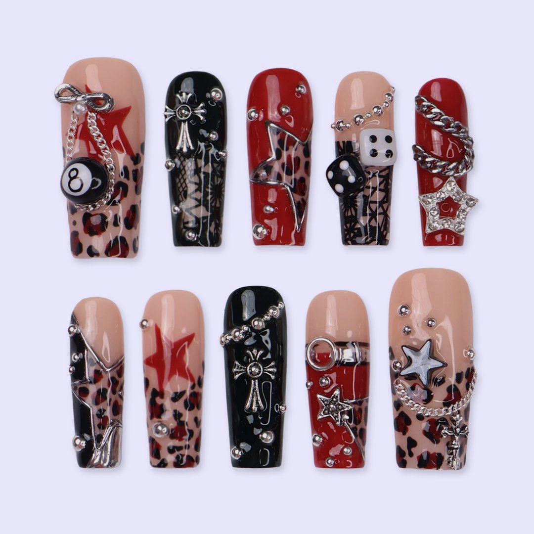 Lucky Riot Metallic Leopard Chain Black Nude Press On Nails