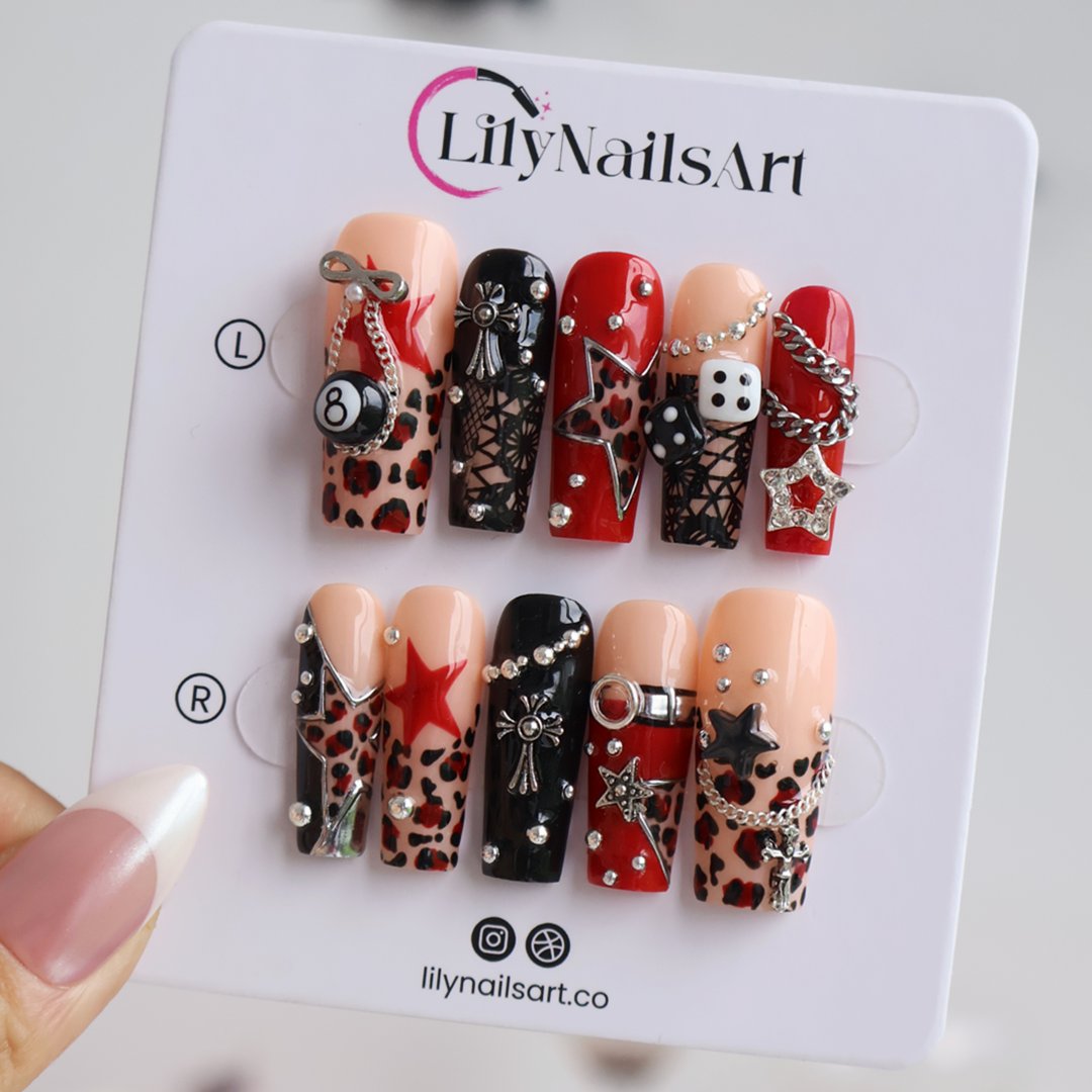 Lucky Riot Metallic Leopard Chain Black Nude Press On Nails