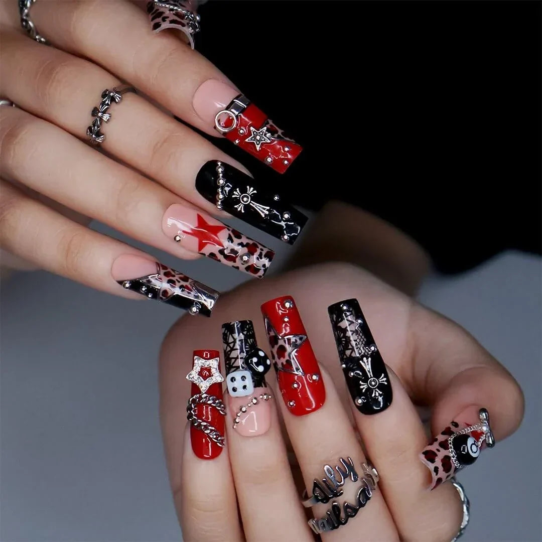 Lucky Riot Metallic Leopard Chain Black Nude Press On Nails