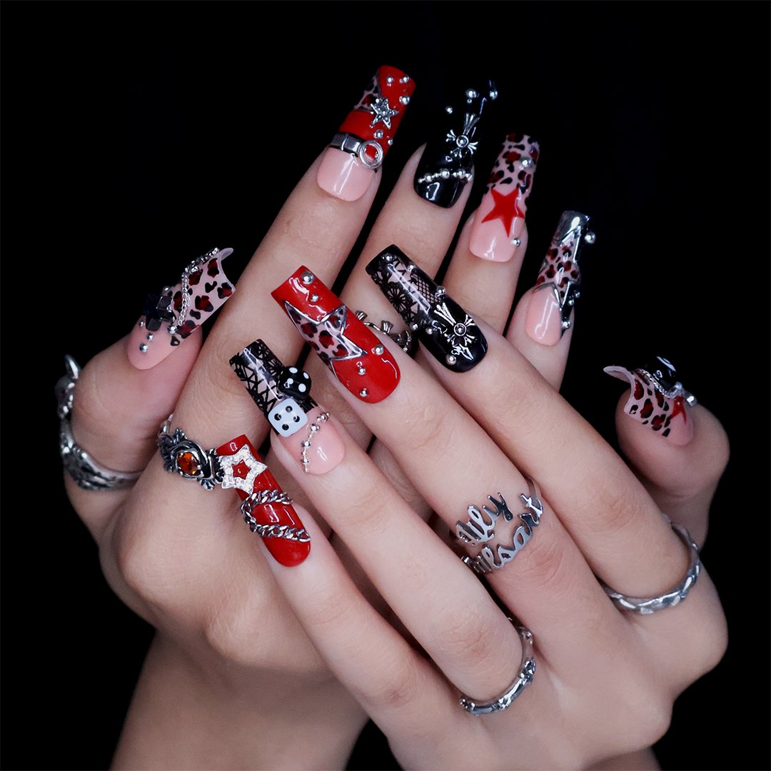 Lucky Riot Metallic Leopard Chain Black Nude Press On Nails