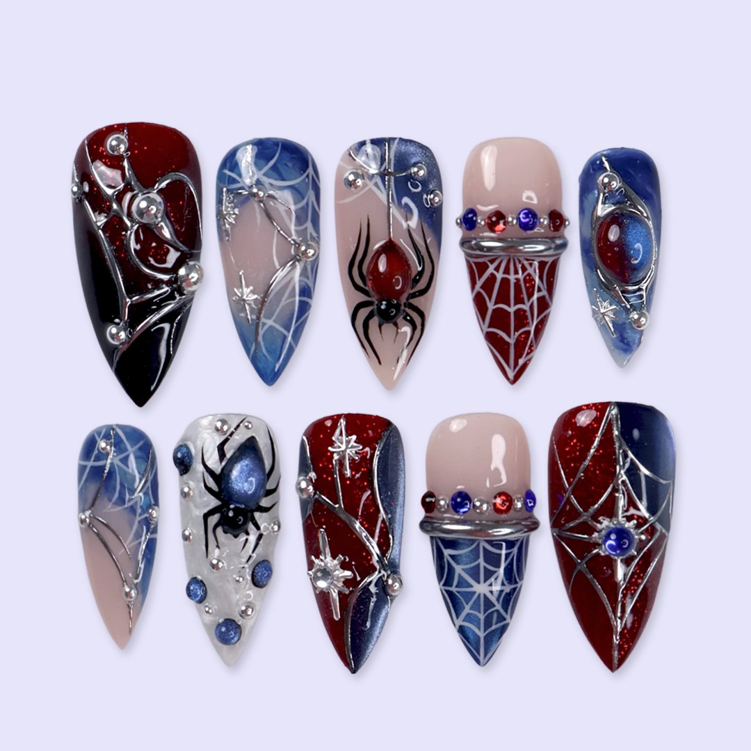 Arachnova Red Blue Handmade Press On Nails