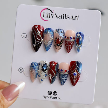 Arachnova Red Blue Handmade Press On Nails