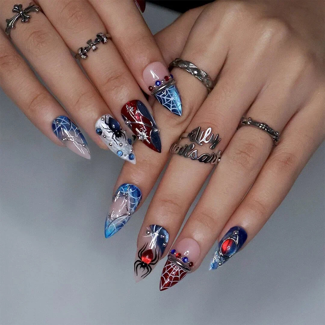 Arachnova Red Blue Handmade Press On Nails